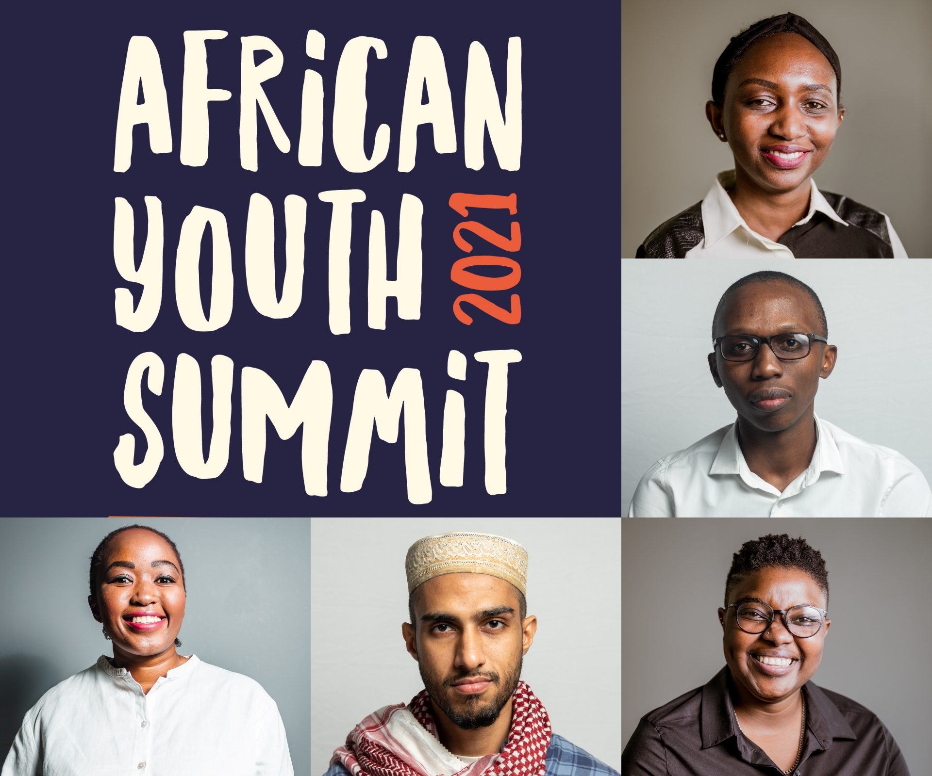 African Youth Summit 2021 banner text surrounded by five faces of participants.
