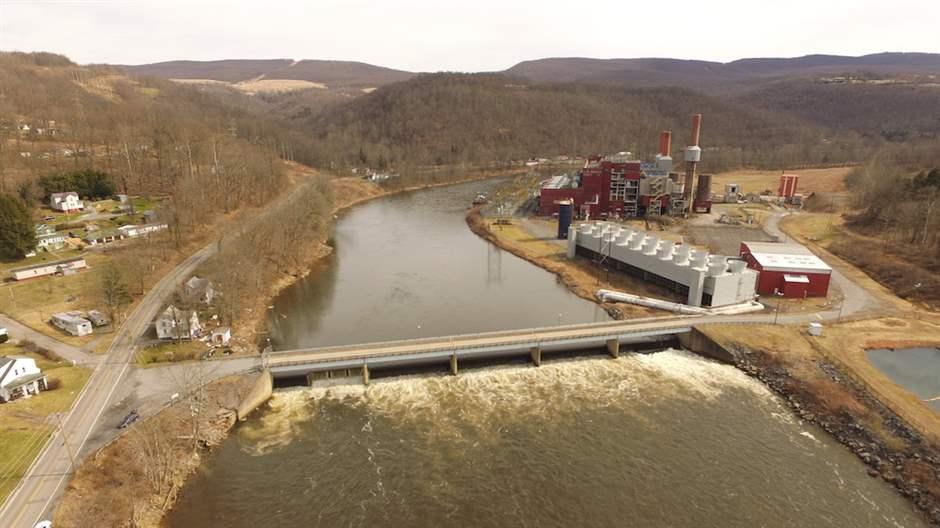 An areal shot of the Albright Dam on he Cheat River in West Virginia.