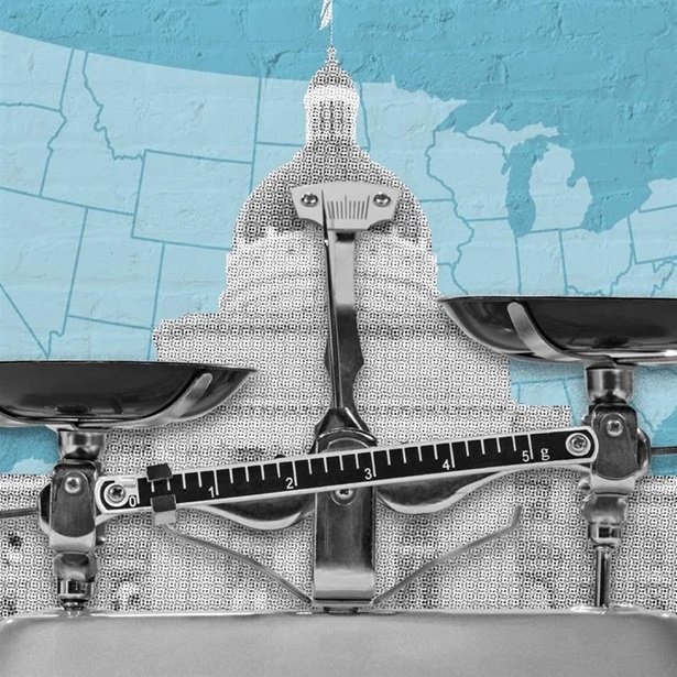 Blue graphic with the map of the USA in gray in the back with an overlap of the capital building and justice scale in the foreground 