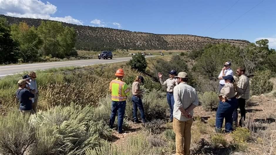 Employees of CDOT and representatives of local conservation nonprofits survey potential locations for wildlife crossings and fencing improvements along a busy US 550.