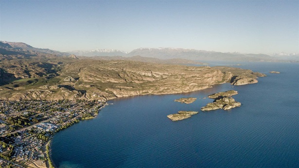 Aerial view of Chile Chico and General Carrera Lake, Chile. December 2018. Multiple image panoramic photo by Tomas Munita