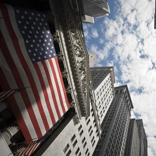 New York Stock Exchange building draped with Stars and Stripes