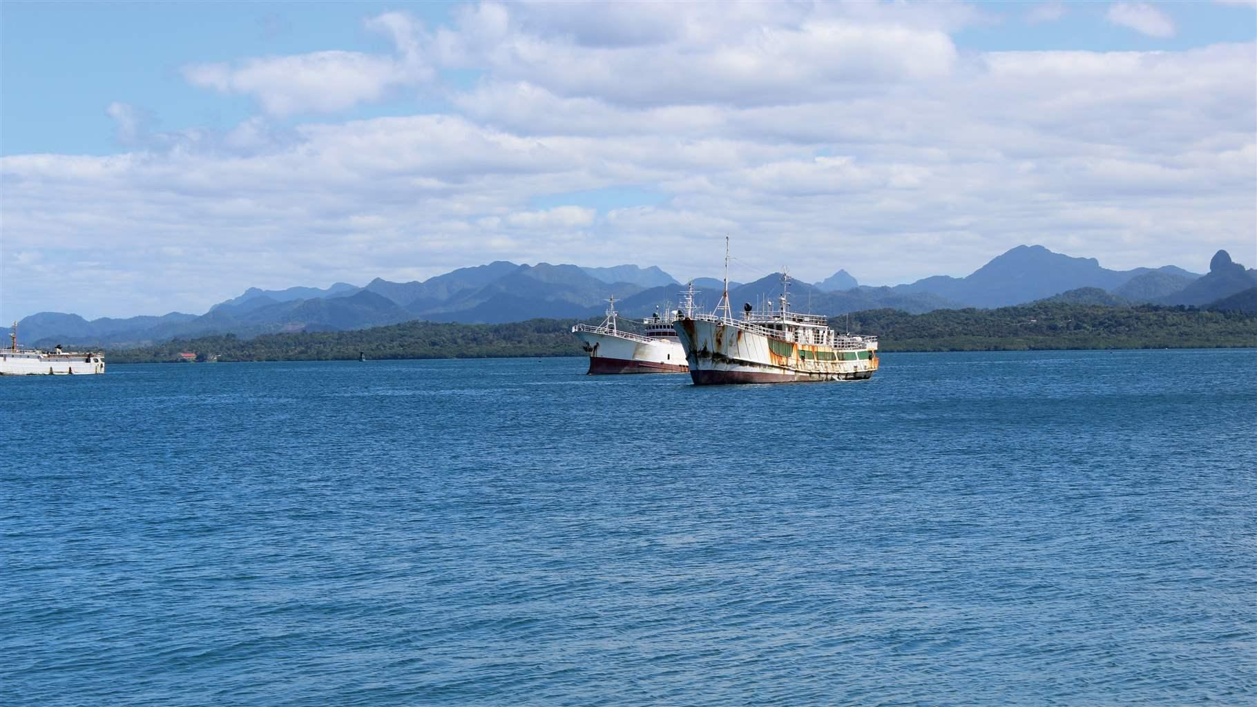 Longline tuna fishing vessels anchored in harbor in Suva, Fiji