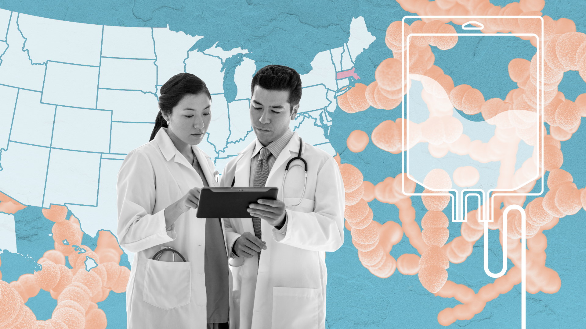 Two doctors looking at an iPad in front of an illustration of a map and superbugs.