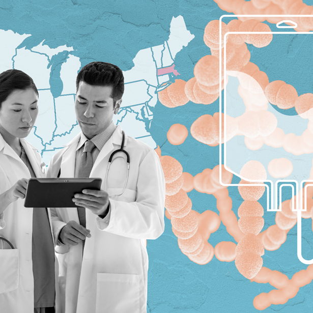 Two doctors looking at an iPad in front of an illustration of a map and superbugs.