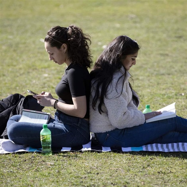 Boston University Dental School students Boston University Dental School students sitting back to back in a field.