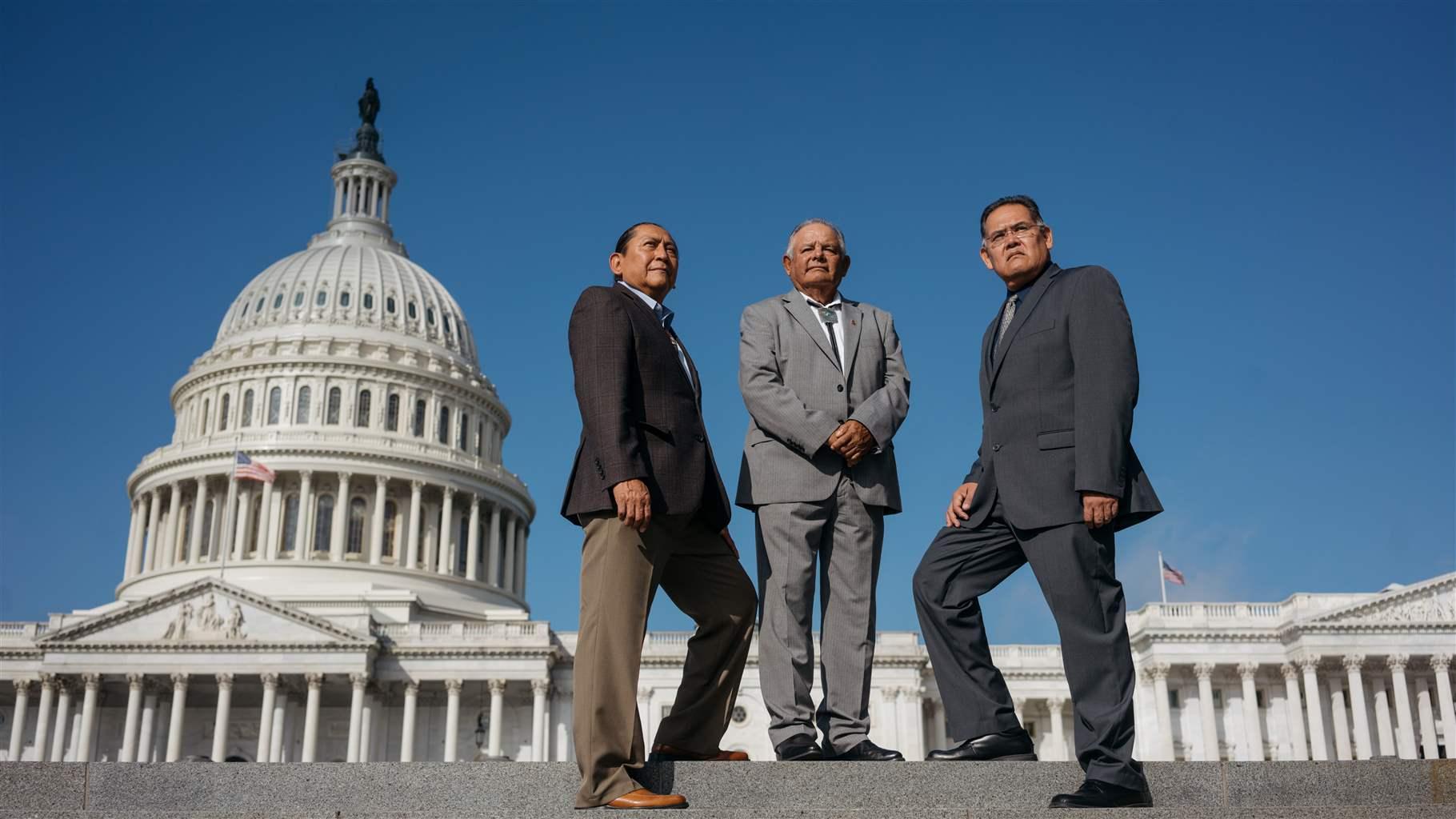 Pueblo of Acoma Governor Kurt Riley, from left, All Pueblo Council of Governors Chairman Paul Torres, Former Pueblo of Tesuque Governor Mark Mitchell and Acoma Pueblo member Keegan King in front of the United States Capitol on Sept. 26, 2018.