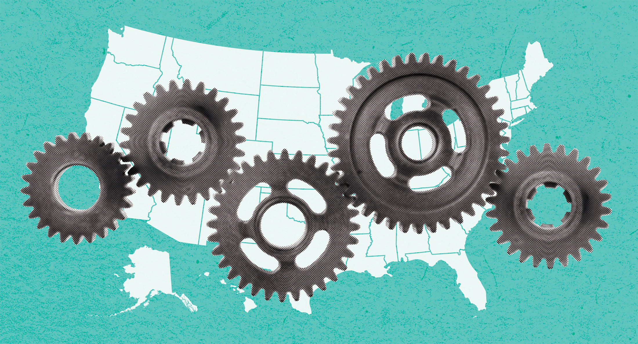 A series of connected gears over a drawing of the United States.