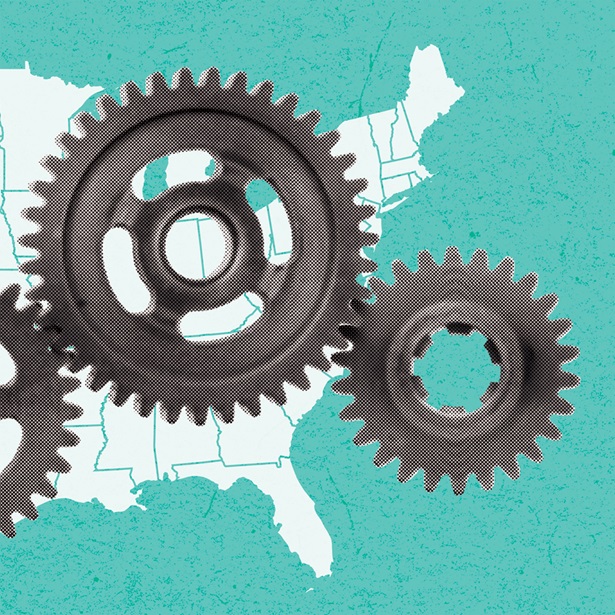 A series of connected gears over a drawing of the United States.