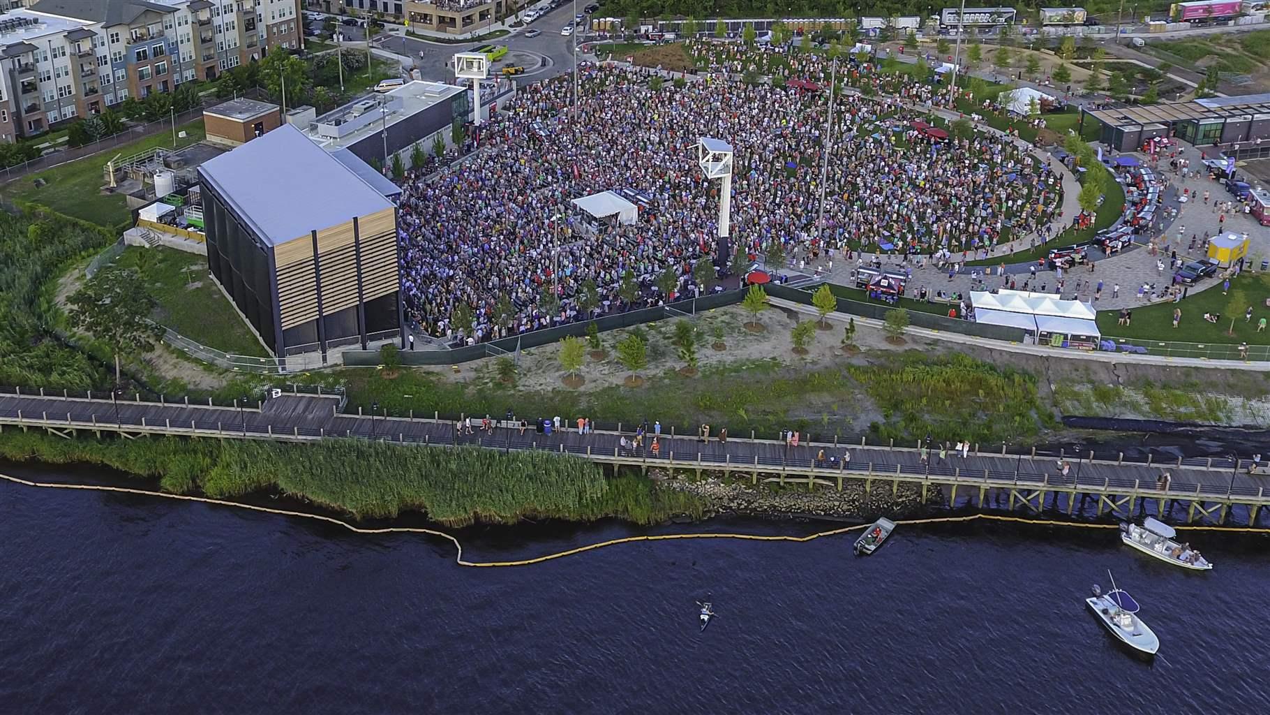 The Riverfront Park & Live Oak Bank Pavilion in Wilmington, North Carolina features nature-based solutions, like native plantings and a wetland to mitigate flooding.