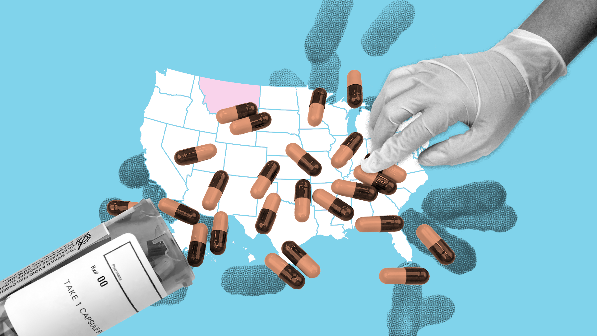 An illustration of a bottle of pills spilled over a map of the U.S. with Montana highlighted with a gloved hand reaching out to pick them up.. 