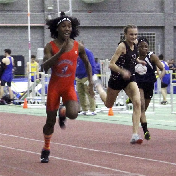 In this Feb. 7, 2019 file photo, Bloomfield High School transgender athlete Terry Miller, second from left, wins the final of the 55-meter dash over transgender athlete Andraya Yearwood, left, and other runners in the Connecticut girls Class S indoor track meet at Hillhouse High School in New Haven, Conn.