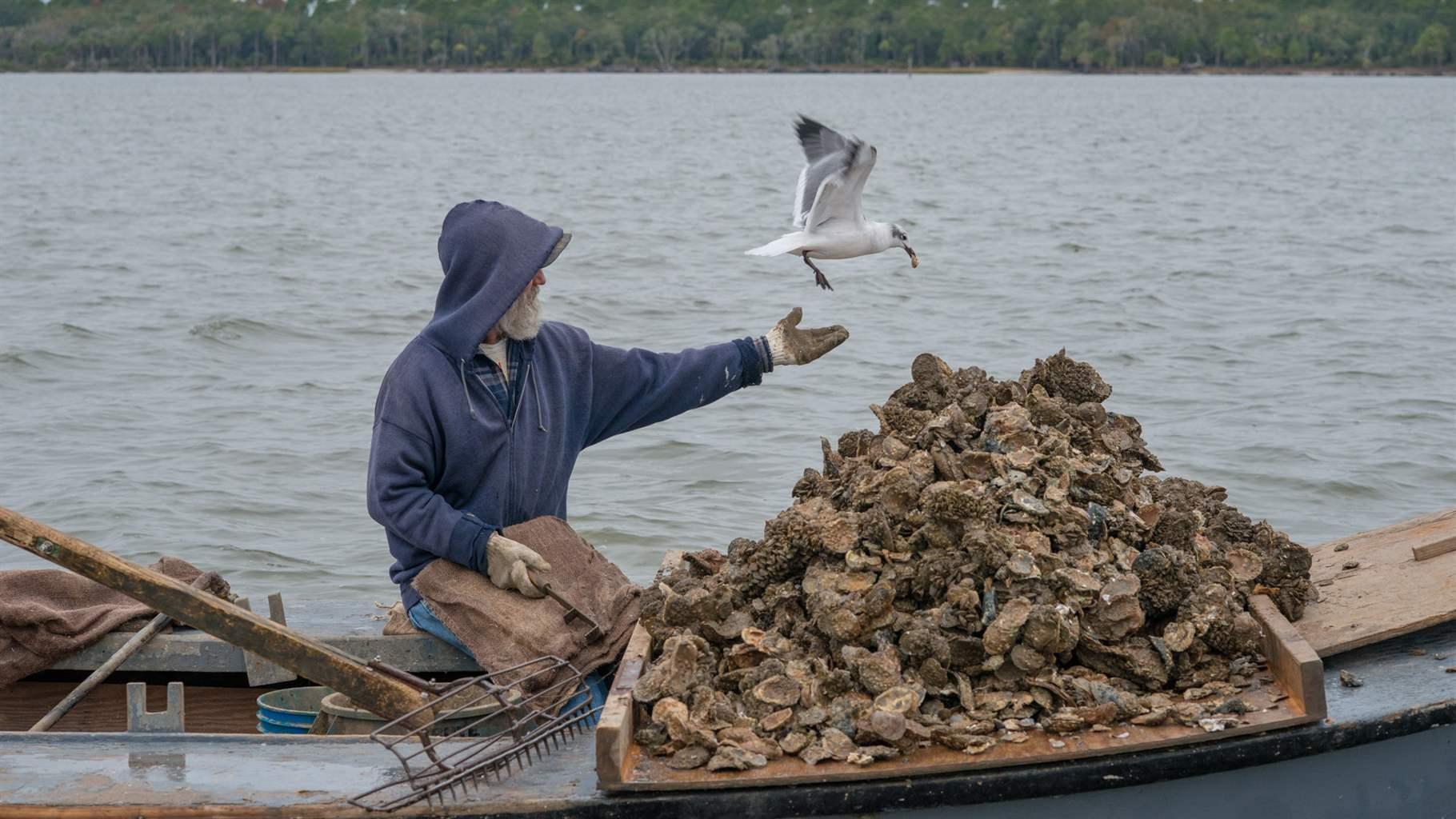 oysterman feeds a gull 