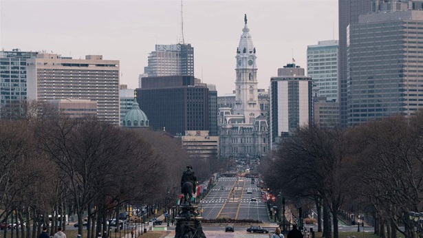 A view of City Hall from the steps of the Philadelphia Museum of Art.