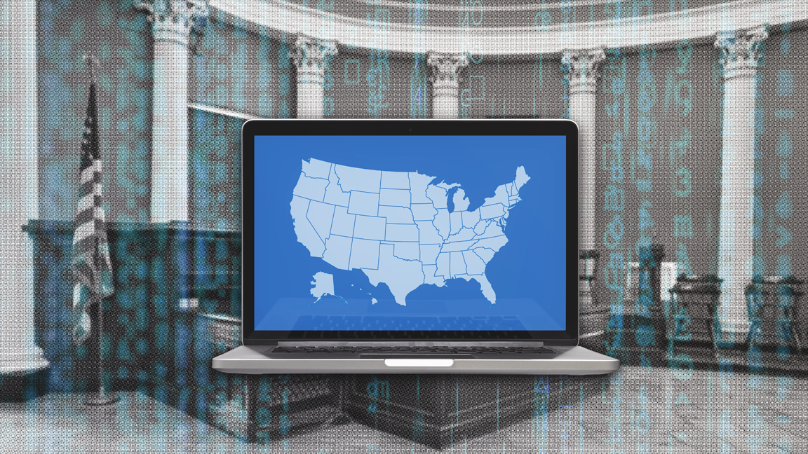 A picture of a court room with faint blue numbers and letters running vertically over the image and a laptop with a map of the United States displayed on the screen.