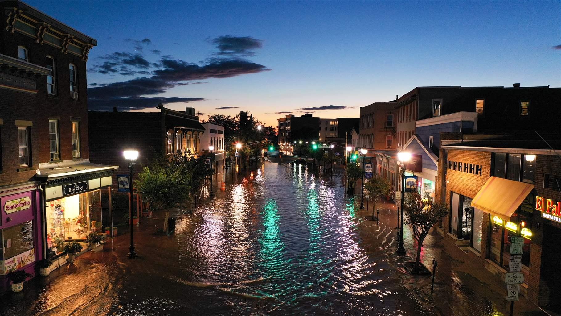 An aerial view of flooded streets in the Town of Bound Brook in New Jersey, United States on September 2, 2021.