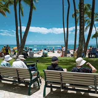 Crowds of people relaxing in the shade of palms trees overlooking a packed beach below.  