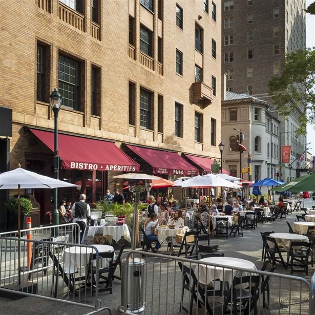 18th Street closed for outdoor dining during Covid 19 pandemic, Rittenhouse Square, Philadelphia, Pennsylvania, USA. 