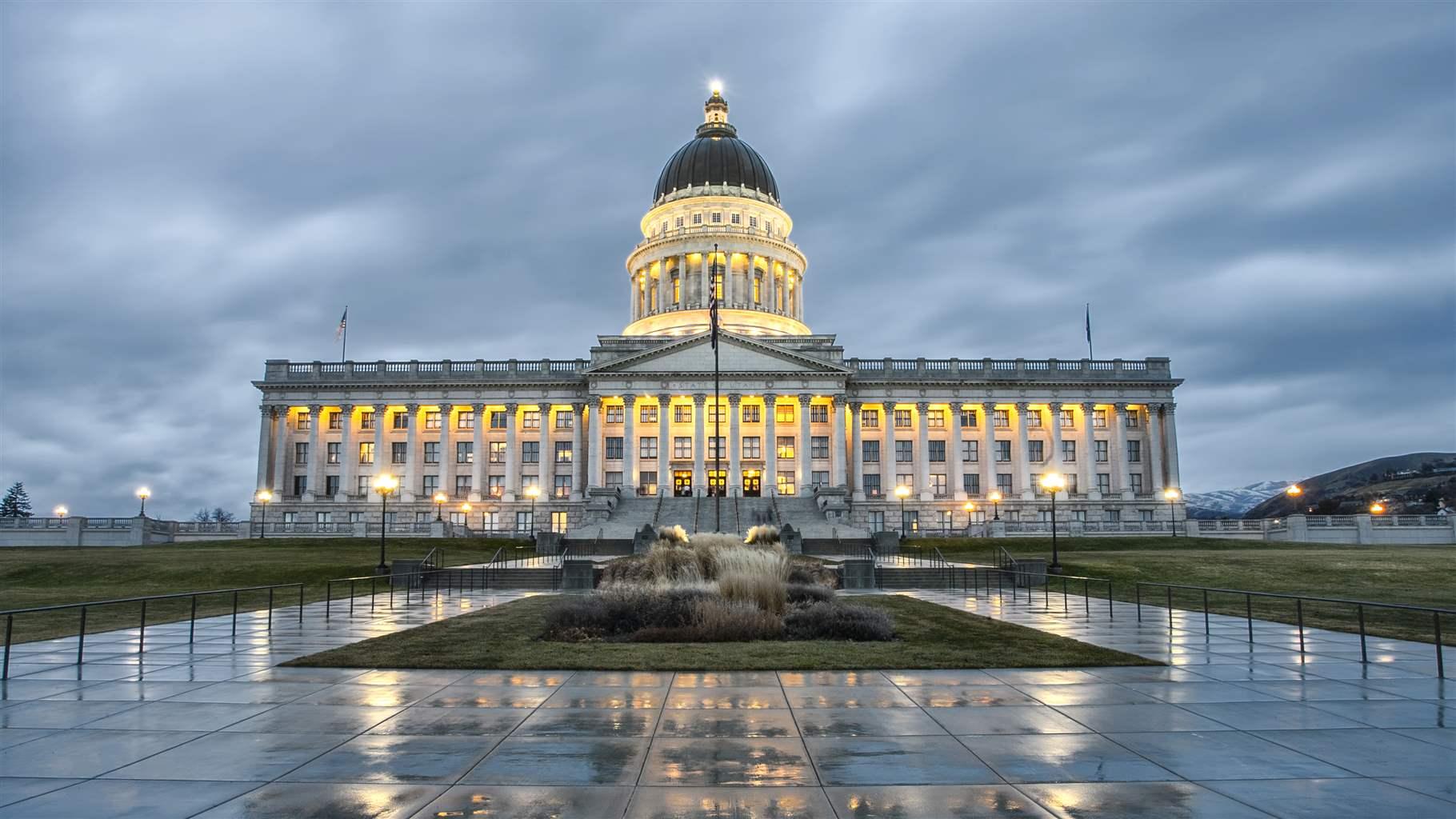East side of the Utah state capitol building late afternoon/early evening in winter.