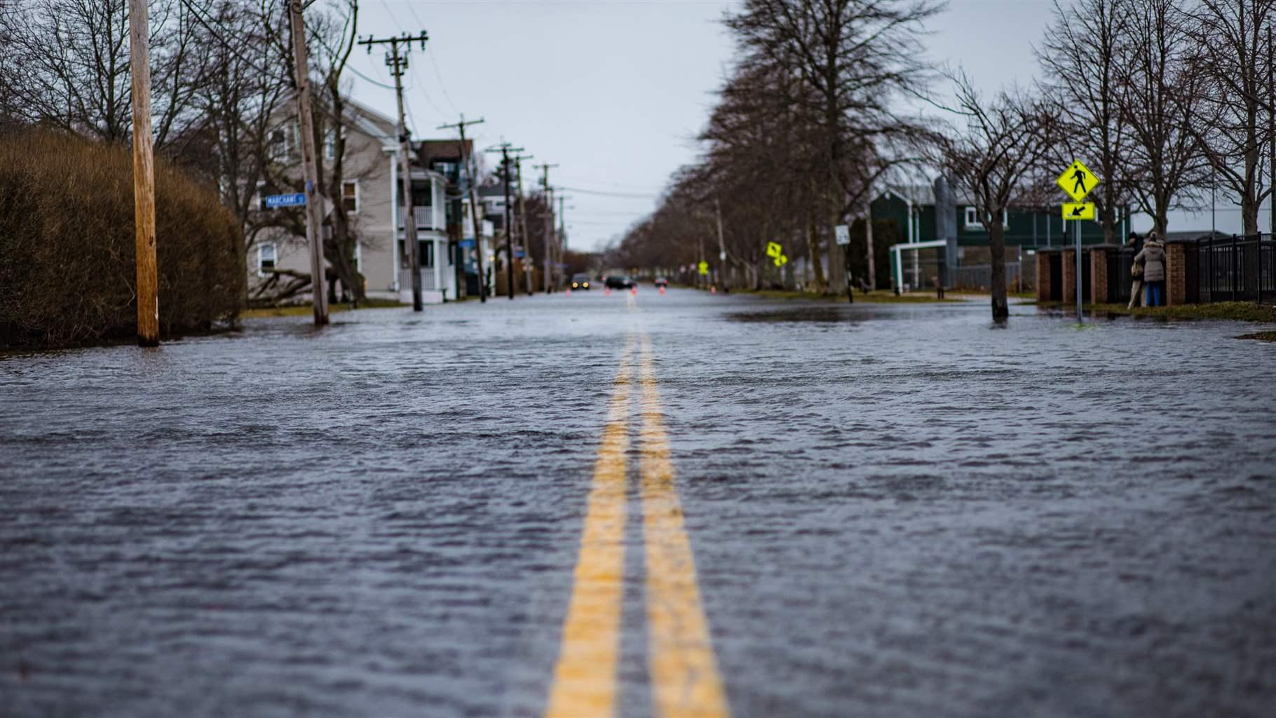 The streets of Newport Rhode Island after a Nor'Easter hit the area with heavy winds and storm surges from the Atlantic Ocean. The roads were closed with flooding for days. Climate Change concept.