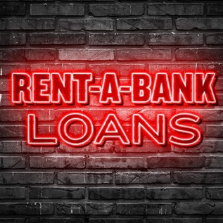 A neon sign that says Rent-A-Bank Loans hanging on a brick wall