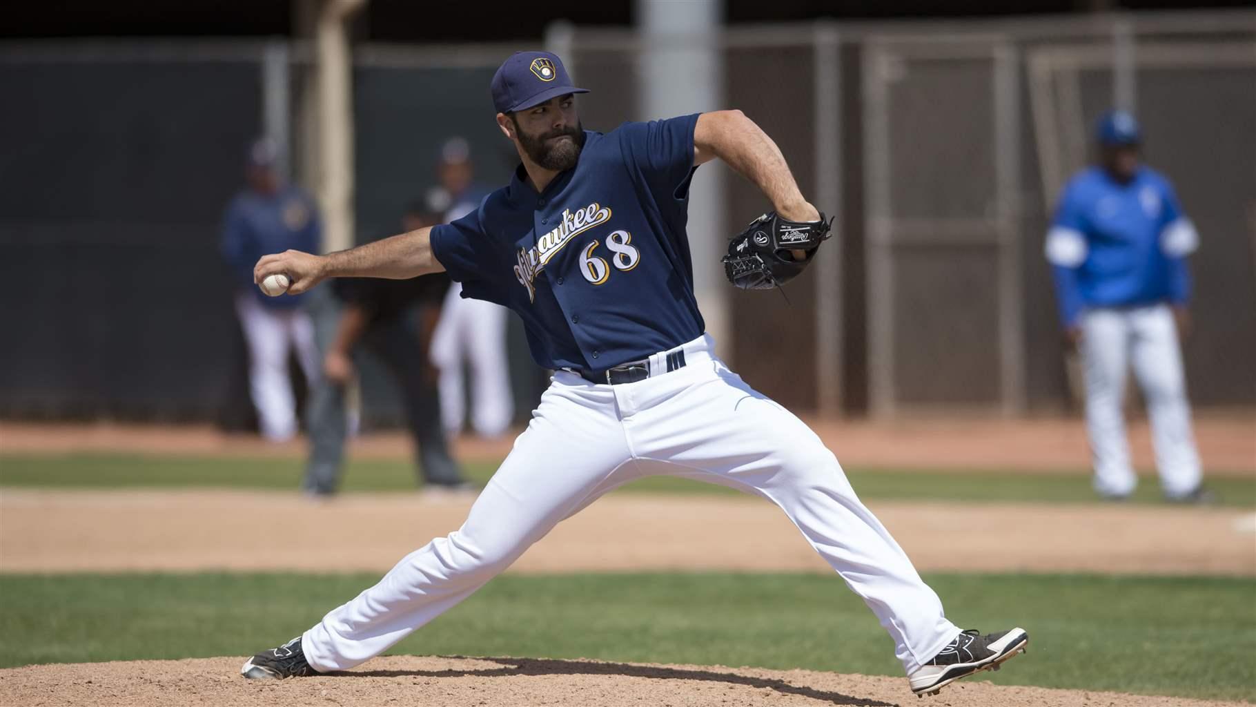 Milwaukee Brewers relief pitcher Luke Barker (68) during a Minor League Spring Training game against the Kansas City Royals at Maryvale Baseball Park on March 25, 2018 in Phoenix, Arizona. 