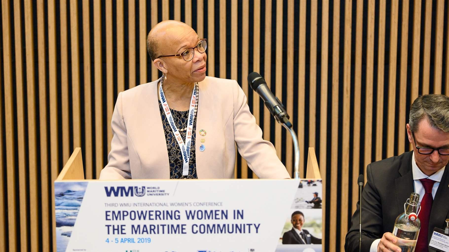 Dr. Cleopatra Doumbia-Henry speaks on gender equity at the third World Maritime University International Women’s Conference. 