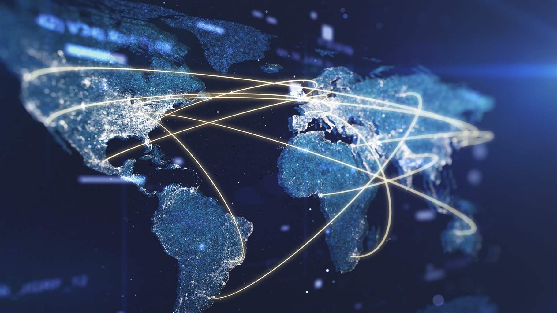 Global communication network on a glowing particle world map.