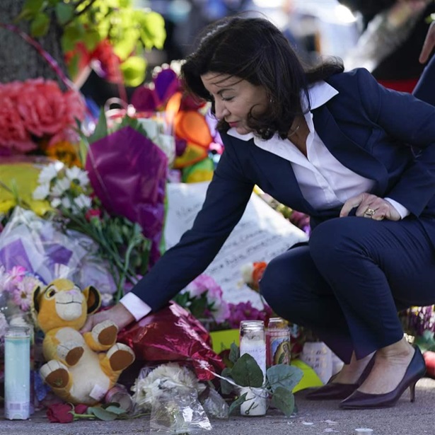 New York Gov. Kathy Hochul at memorial for shooting victims
