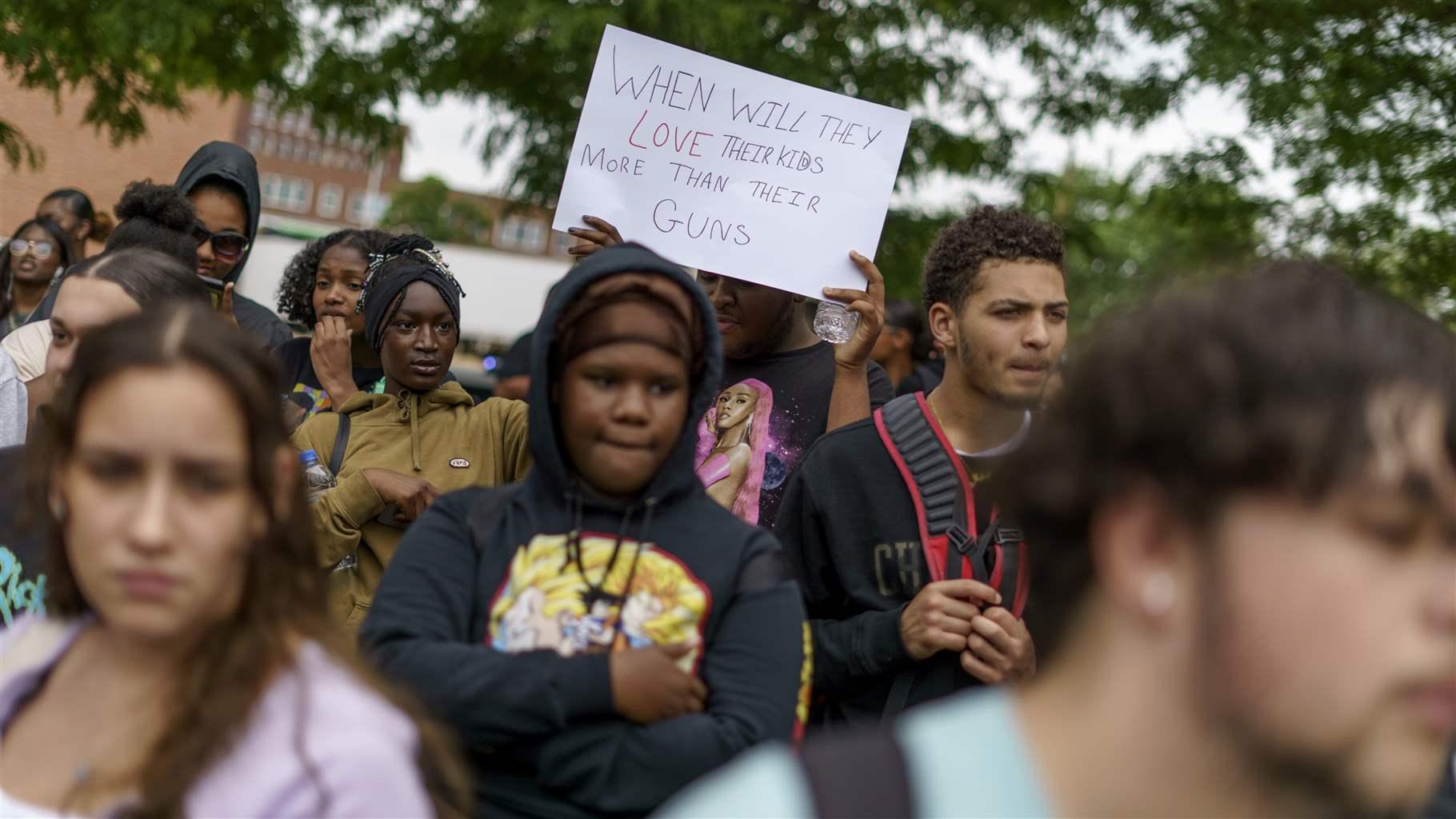 Pawtucket high school students attend a rally at city hall after walking out of their schools to protest the nation's gun policies, Wednesday, June 1, 2022, in Pawtucket, R.I.