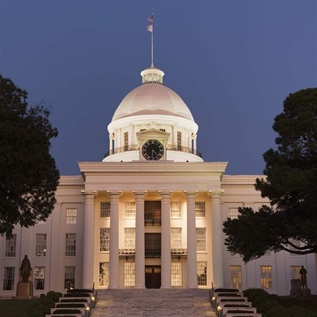 Montgomery - Alabama, Alabama - US State, State Capitol Building, Architectural Dome, Architecture, Building Exterior, Clear Sky, Dusk, Government, Gulf Coast States, History, Horizontal, Illuminated, No People, Old-fashioned, Outdoors, Photography, Tranquility, Treetop, USA