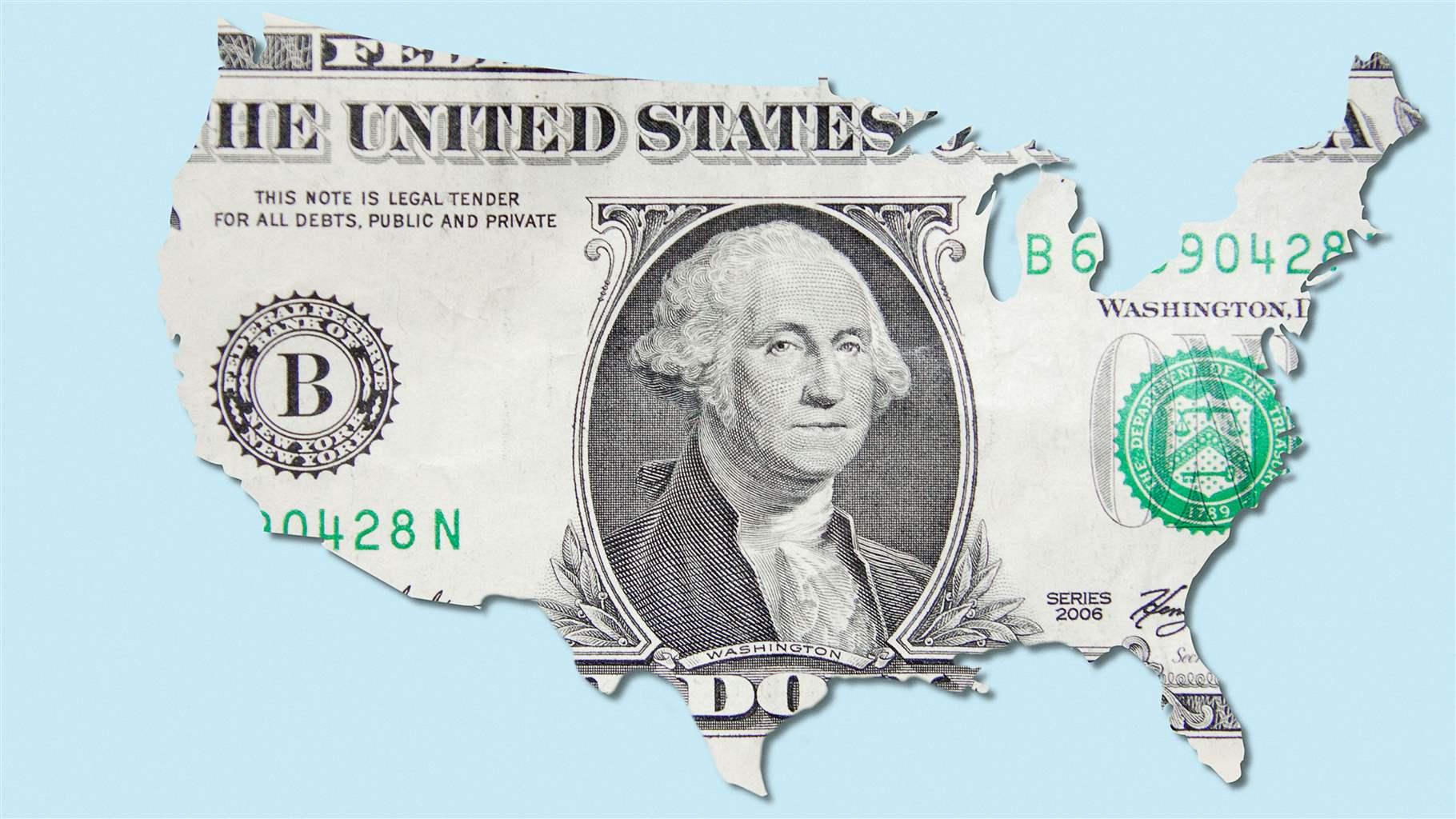 A map of the United States made out of a dollar bill