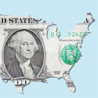 A map of the United States made out of a dollar bill