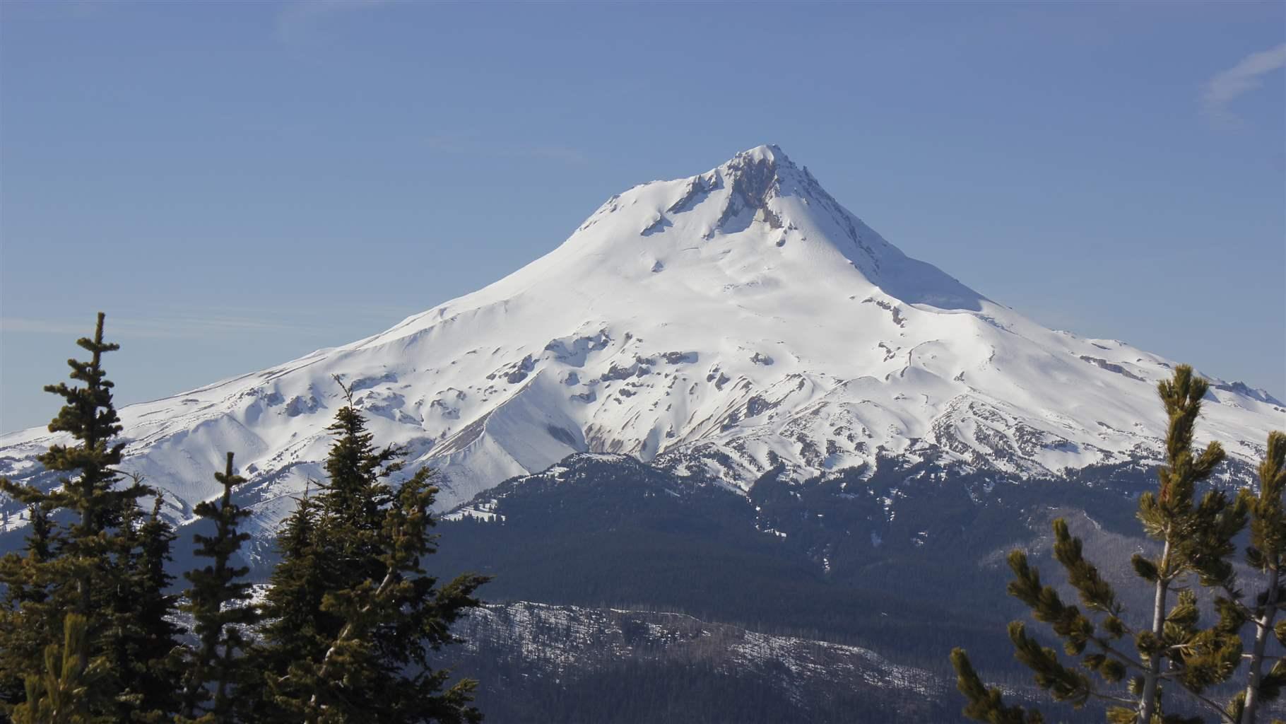 A snowy Mount Hood on a late winter day as seen from Lookout Mountain in the Badger Creek Wilderness in the Mt. Hood National Forest in Oregon.