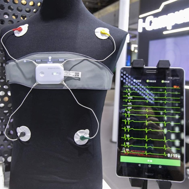 CadioCloud electrocardiogram recorder is on display during 2021 World Artificial Intelligence Conference (WAIC) at Shanghai World Expo Center on July 10, 2021 in Shanghai, China. 