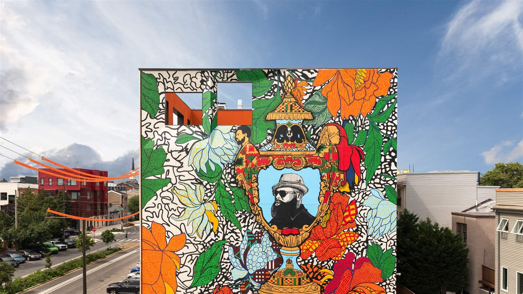 A mural by Roberto Lugo, a ceramist and 2019 Pew Fellow in the Arts, adorns The Clay Studio’s building in Philadelphia. 