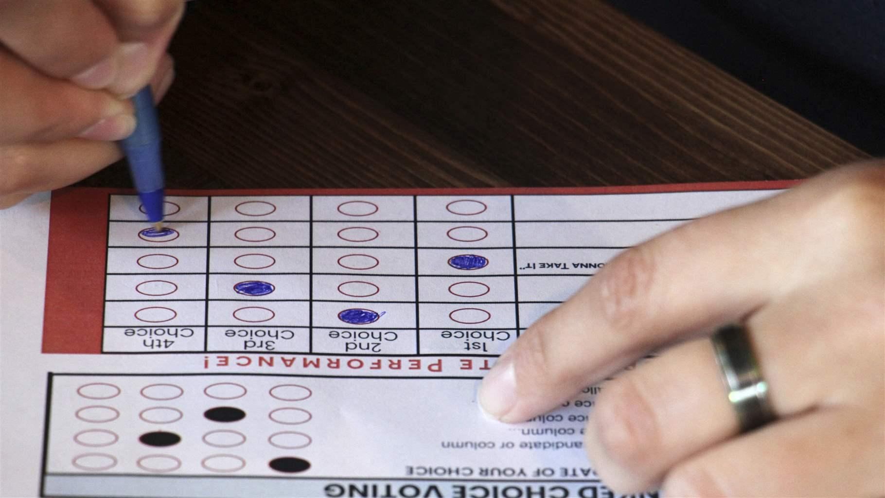 This July 28, 2022, photo shows a person completing a ballot in a mock election at Cafecito Bonito in Anchorage, Alaska, where people ranked the performances by drag performers. This July 28, 2022, photo shows a person completing a ballot in a mock election at Cafecito Bonito in Anchorage, Alaska, where people ranked the performances by drag performers.