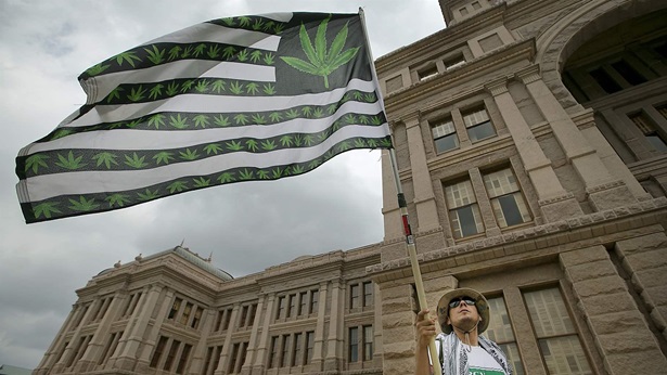 Jav Tovias, from the Rio Grande Valley and RGV Norml, flies a marijuana flag to show his support for the plant being used a medical drug for patients at the noon rally. Hundreds gathered on the south steps of the state Capitol to rally in support of various pro-medical marijuana legislation being considered by legislators during this session Saturday afternoon May 9, 2015. RALPH BARRERA/ AMERICAN-STATESMAN