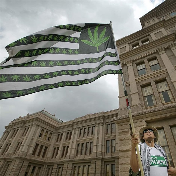 Jav Tovias, from the Rio Grande Valley and RGV Norml, flies a marijuana flag to show his support for the plant being used a medical drug for patients at the noon rally. Hundreds gathered on the south steps of the state Capitol to rally in support of various pro-medical marijuana legislation being considered by legislators during this session Saturday afternoon May 9, 2015. RALPH BARRERA/ AMERICAN-STATESMAN