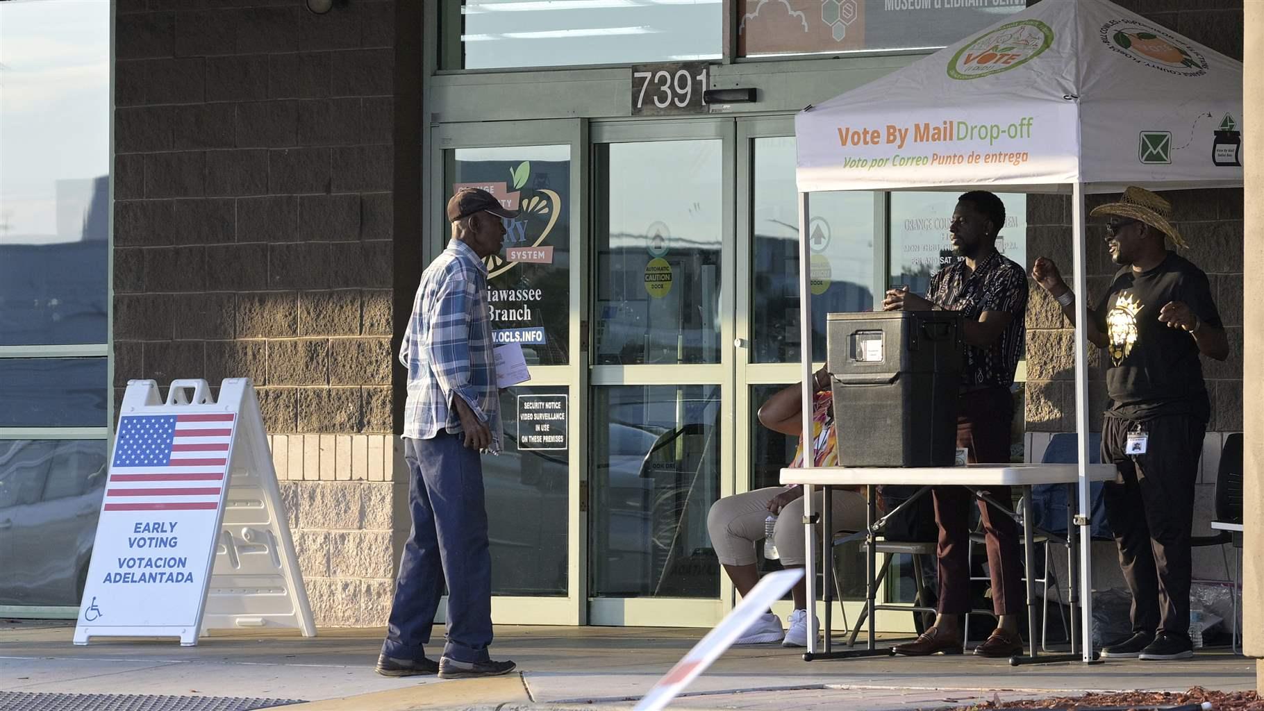 Poll workers man a drop-off ballot box outside an early voting location at a branch of the Orange County Public Library, Wednesday, Oct. 26, 2022, in Orlando, Fla. (Phelan M. Ebenhack via AP)
