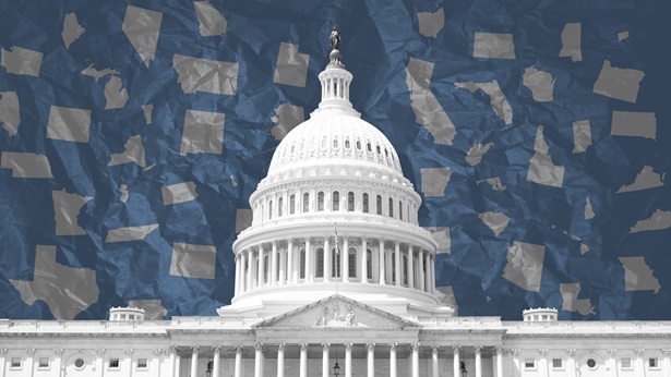 The U.S. Capitol building with a sky filled with state silhouettes.