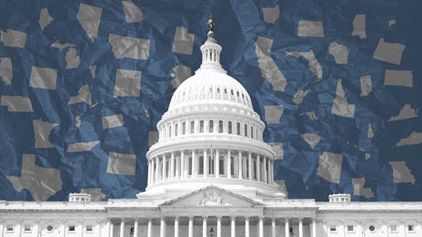 The U.S. Capitol building with a sky filled with state silhouettes. 