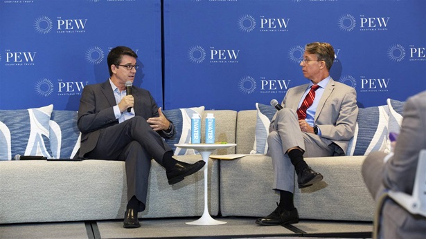 Andrew Mayock, federal chief sustainability officer at the White House Council on Environmental Quality, left, and Tom Dillon, head of Pew’s conservation work,  speak at a Pew-hosted event on climate resilience.