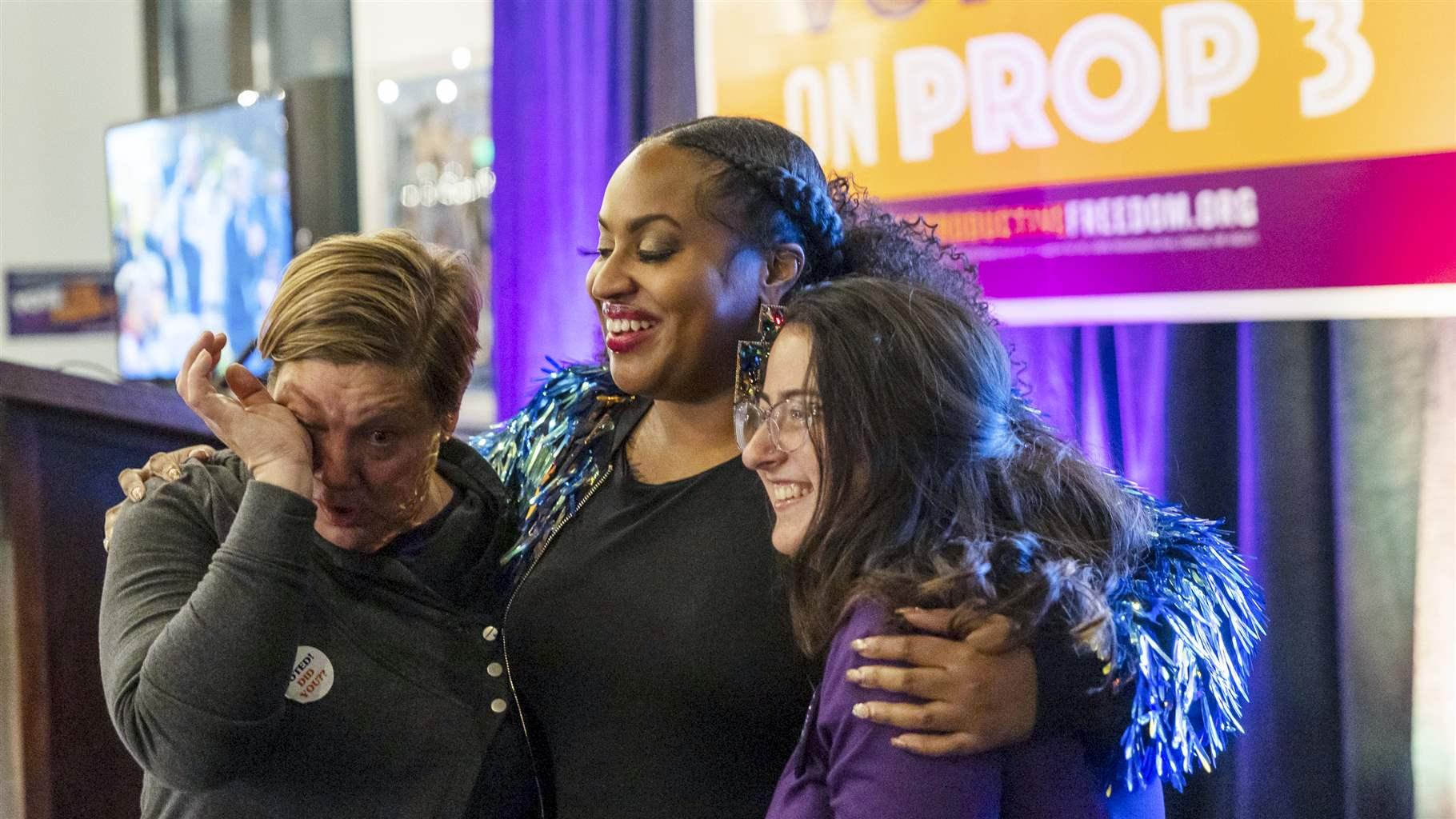 Supporters react as preliminary results come in for Michigan Proposal 3 on Election Day, Tuesday, Nov. 8, 2022, in Detroit, Mich. Abortion rights supporters won in the four states where access was on the ballot Tuesday, as voters enshrined it into the state constitution in battleground Michigan as well as blue California and Vermont and dealt a defeat to an anti-abortion measure in deep-red Kentucky. (Ryan Sun/Ann Arbor News via AP) Supporters react as preliminary results come in for Michigan Proposal 3 on Election Day, Tuesday, Nov. 8, 2022, in Detroit, Mich. Abortion rights supporters won in the four states where access was on the ballot Tuesday, as voters enshrined it into the state constitution in battleground Michigan as well as blue California and Vermont and dealt a defeat to an anti-abortion measure in deep-red Kentucky. (Ryan Sun/Ann Arbor News via AP)