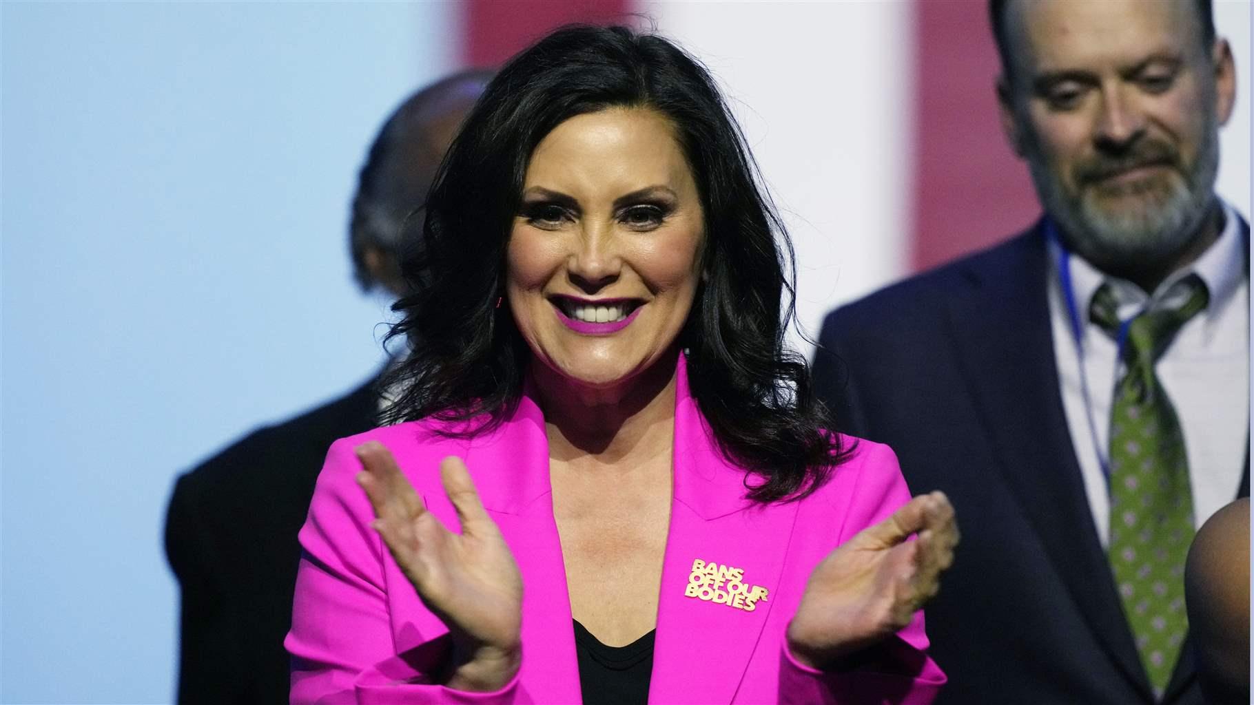 Michigan Democratic Gov. Gretchen Whitmer speaks during Election Night, Tuesday, Nov. 8, 2022 in Detroit. (AP Photo/Carlos Osorio) Michigan Democratic Gov. Gretchen Whitmer speaks during Election Night, Tuesday, Nov. 8, 2022 in Detroit. (AP Photo/Carlos Osorio)