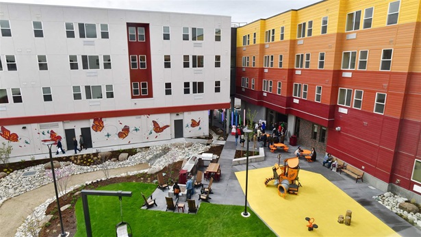 Courtyard of Viña photographed in Denver, Colorado on Wednesday, May 4, 2022. Denver Urban Land Conservancy joined the development, government, residents, and community partners to celebrate the grand opening of Viña, a 150-unit affordable housing development at 48th and Vine St. in Denver, Colorado