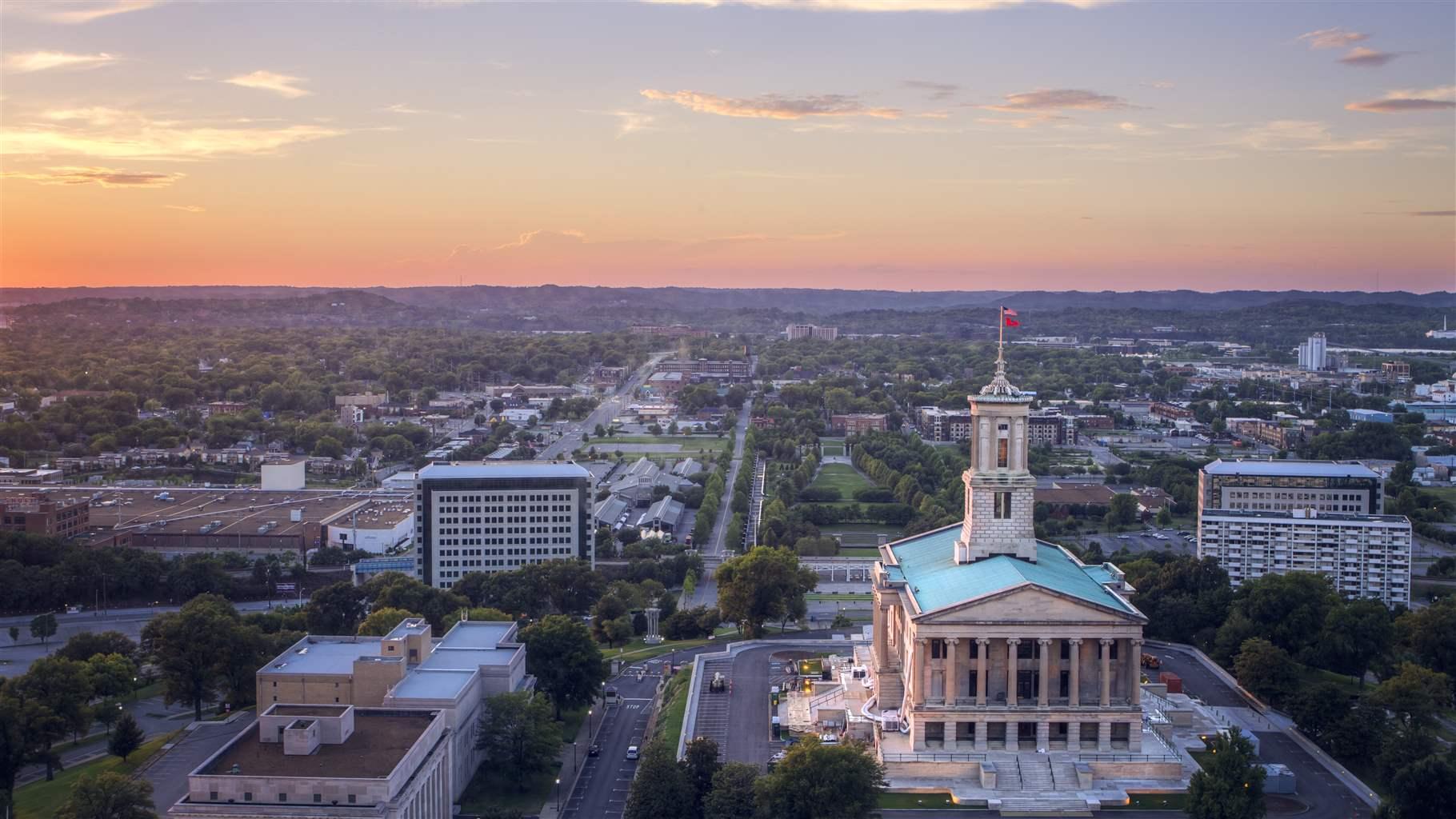 A birds eye view of the Tennessee State Capitol building in Nashville, Tennessee