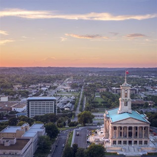A birds eye view of the Tennessee State Capitol building in Nashville, Tennessee