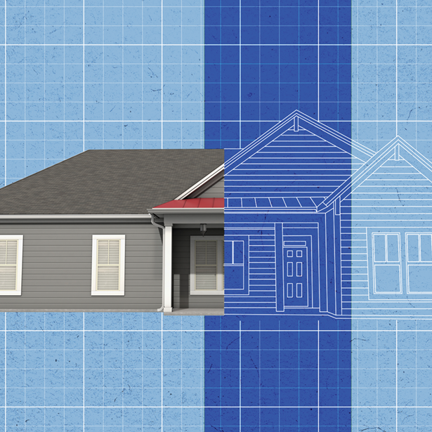 Illustration of a manufactured house behind a blue grid background