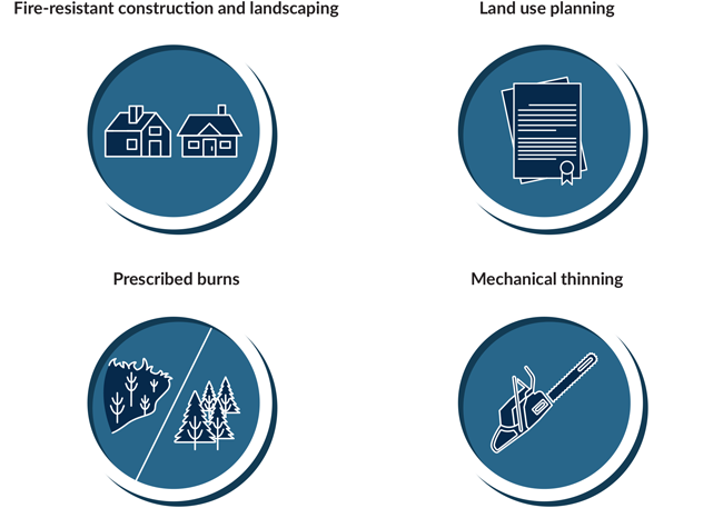 Fire-resistant construction and landscaping, Land use planning, Prescribed burns, and Mechanical thinning
